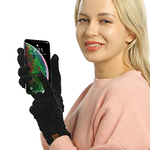 ViGrace Winter Touchscreen Gloves for Women Chenille Warm Cable Knit with 3 Touch Screen Fingers Texting Driving Elastic Cuff Thermal Glove Black,Large - Image 3