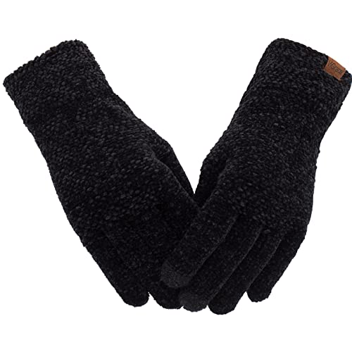 ViGrace Winter Touchscreen Gloves for Women Chenille Warm Cable Knit with 3 Touch Screen Fingers Texting Driving Elastic Cuff Thermal Glove Black,Large - Image 1