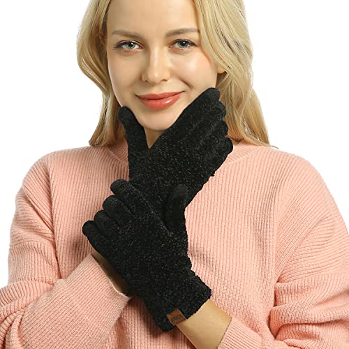 ViGrace Winter Touchscreen Gloves for Women Chenille Warm Cable Knit with 3 Touch Screen Fingers Texting Driving Elastic Cuff Thermal Glove Black,Large - Image 2