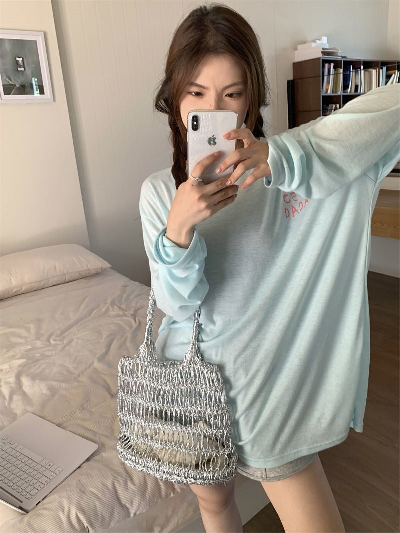 Letter Printing Round Neck Long-Sleeved T-Shirt Women'S Summer Korean-Style Mid-Length Casual Loose All-Match Thin Sunscreen Top - Image 1