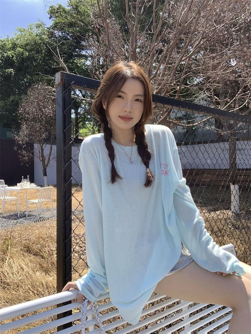 Letter Printing Round Neck Long-Sleeved T-Shirt Women'S Summer Korean-Style Mid-Length Casual Loose All-Match Thin Sunscreen Top - Image 2