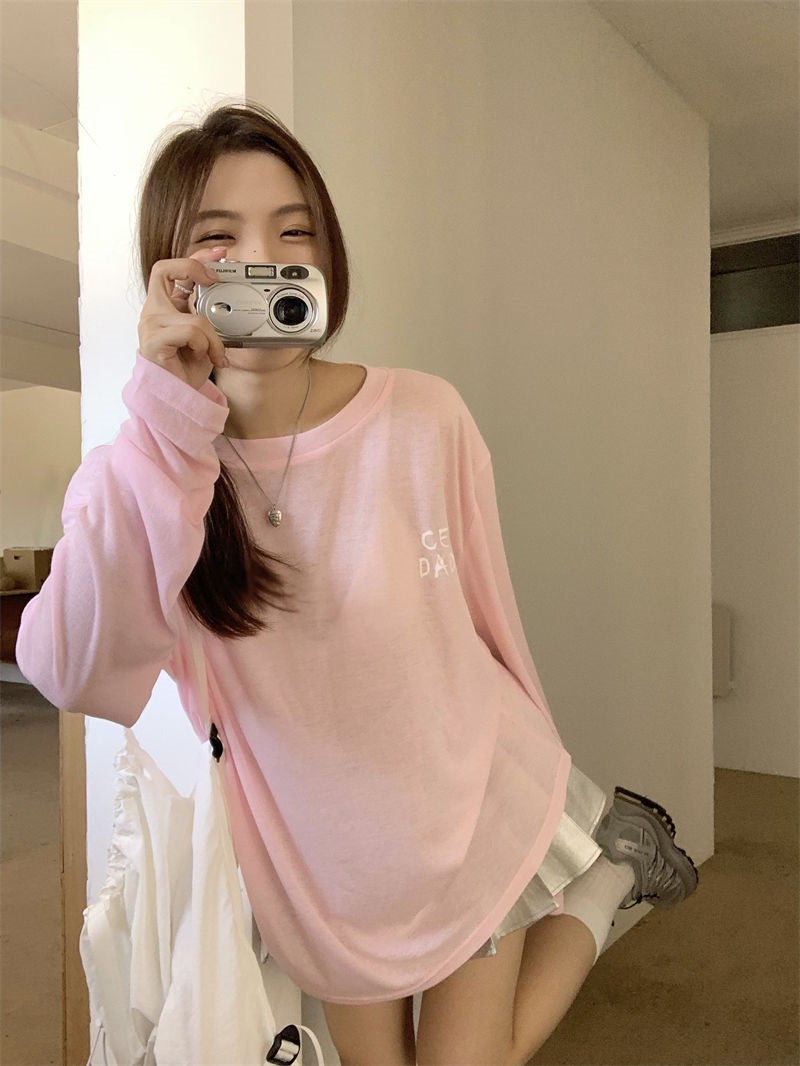 Letter Printing Round Neck Long-Sleeved T-Shirt Women'S Summer Korean-Style Mid-Length Casual Loose All-Match Thin Sunscreen Top - Image 5