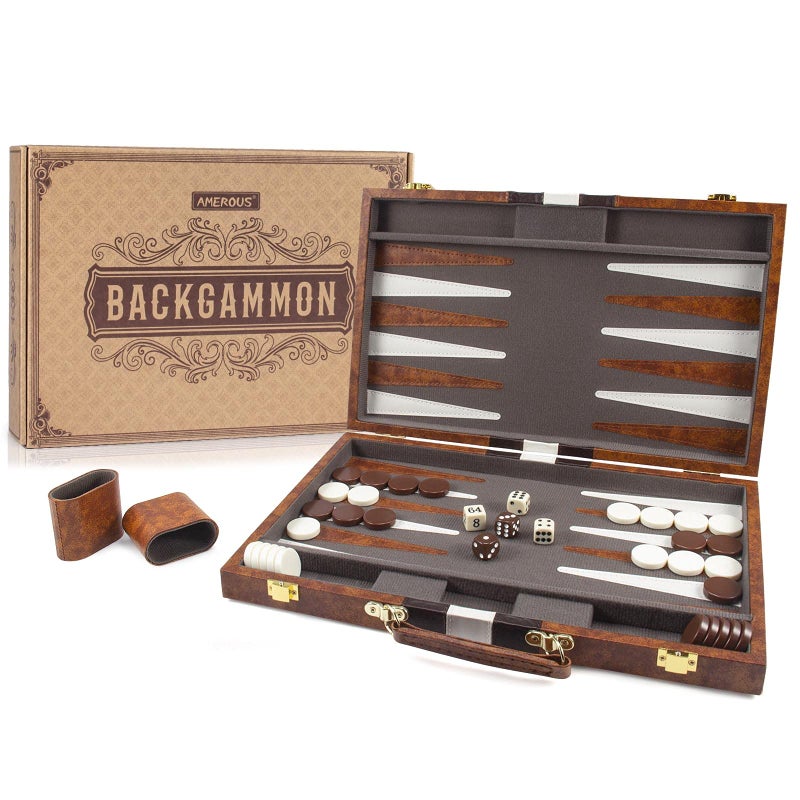 AMEROUS Backgammon Set 15 Inches Classic Board Game with Leather Case Folding Board Gift Package Portable Travel Strategy Backgammon Game Set for Adults Kids Medium Brown