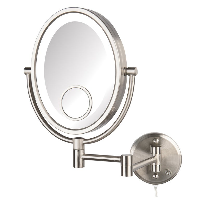 JERDON TwoSided WallMounted Makeup Mirror with Lights Lighted Makeup Mirror with 10X Magnification WallMount Arm Oval Mirror with Nickel Finish Wall Mount Model HL9515NL