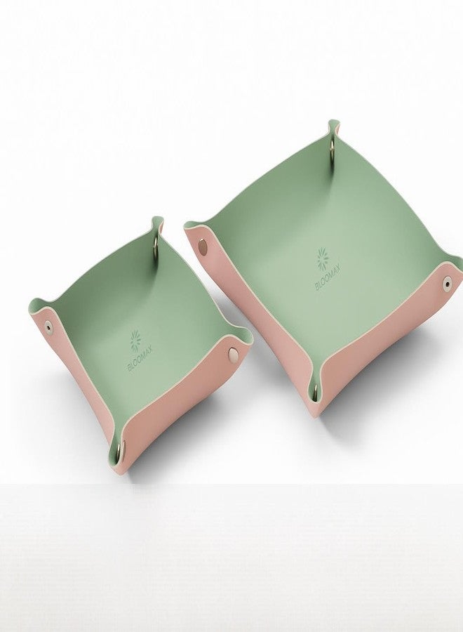 BLOOMAX® Leather Valet Tray Set – Green & Pink | Collapsible Organizer for Keys, Coins, Jewelry | Travel-Friendly Snap Corner Catchall Trays for Desk, Entryway, Dresser - Image 1