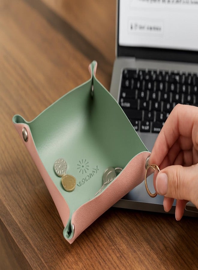 BLOOMAX® Leather Valet Tray Set – Green & Pink | Collapsible Organizer for Keys, Coins, Jewelry | Travel-Friendly Snap Corner Catchall Trays for Desk, Entryway, Dresser - Image 2