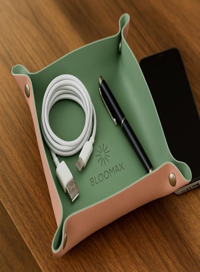 BLOOMAX® Leather Valet Tray Set – Green & Pink | Collapsible Organizer for Keys, Coins, Jewelry | Travel-Friendly Snap Corner Catchall Trays for Desk, Entryway, Dresser - Image 3