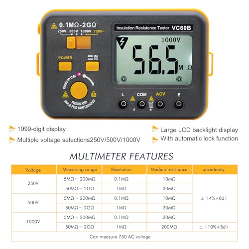 SKYCENX VC60B Digital Insulation Resistance Tester, Electrical Megaohm Meter with 250V/500V/1000V Test Voltage Testing Insulation Resistance IR 0.1MΩ~2GΩ, Multimeter Measure AC Voltage - Image 3