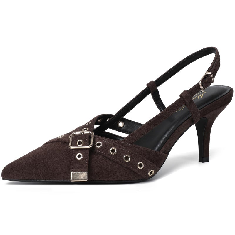 Mostrin Dark Brown Suede Slingback Kitten Heels for Women Studded Heeled Pumps Pointed Closed Toe Heels Vintage Stiletto Pumps Shoes - Image 1