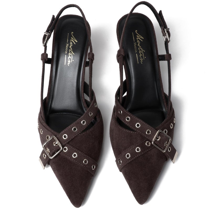 Mostrin Dark Brown Suede Slingback Kitten Heels for Women Studded Heeled Pumps Pointed Closed Toe Heels Vintage Stiletto Pumps Shoes - Image 4