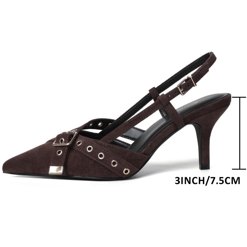 Mostrin Dark Brown Suede Slingback Kitten Heels for Women Studded Heeled Pumps Pointed Closed Toe Heels Vintage Stiletto Pumps Shoes - Image 5