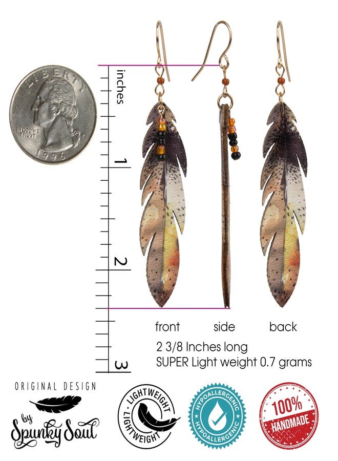 SPUNKYsoul Boho Feather Earrings for Women - Handmade Lightweight Faux Leather Drop Earrings with Earthy Tones - Hypoallergenic & Eco-Friendly Fashion Jewelry (Brown/Orange/Creme) - Image 3