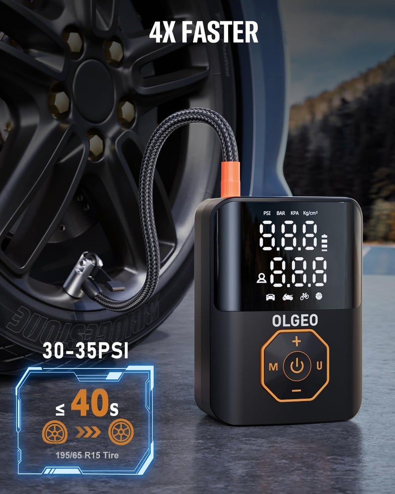 Olgeo Tire Inflator Portable Air Compressor, 160PSI Cordless Air Pump, 4X Faster Air Compressor with Pressure Detection, Tire Inflator Suitable for Car Motor Bike Ball - Image 3