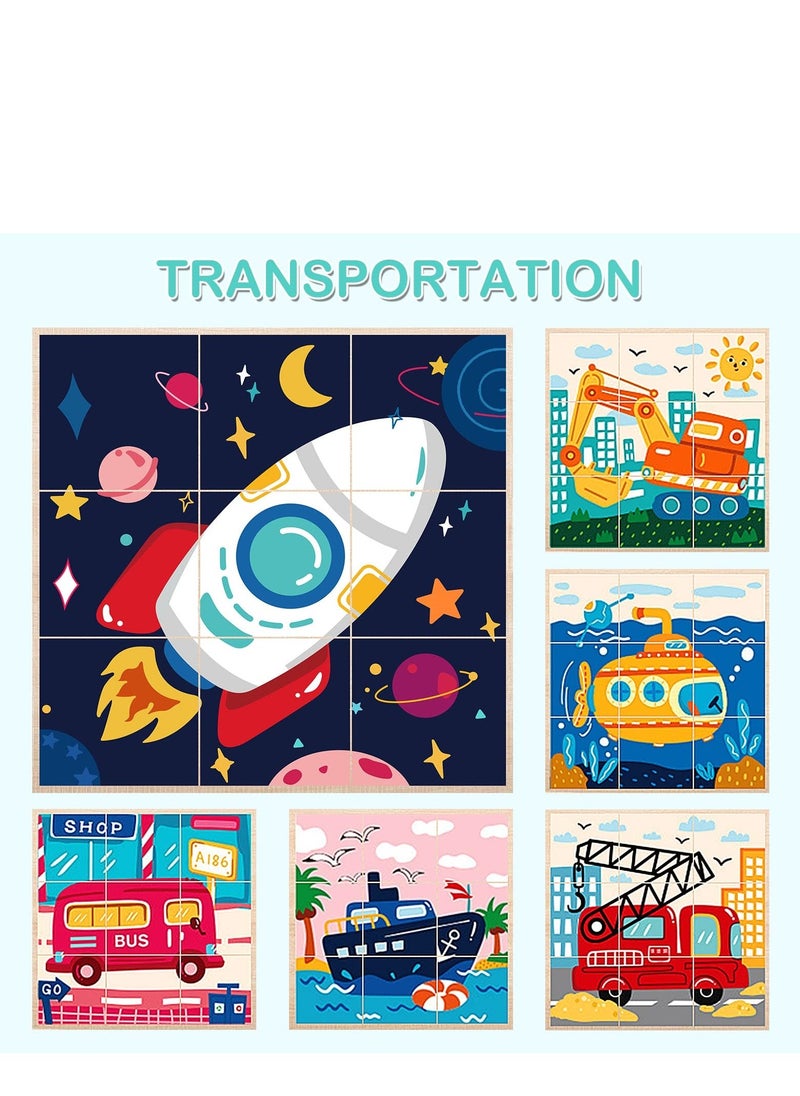 Small Wooden Block Puzzle Toddler 3+ Years Kid Montessori Learning Games Educational Interactive Toys, Preschoolers Cube Puzzle with Storage Tray - Animal + Transportation(2 PCS) - Image 2