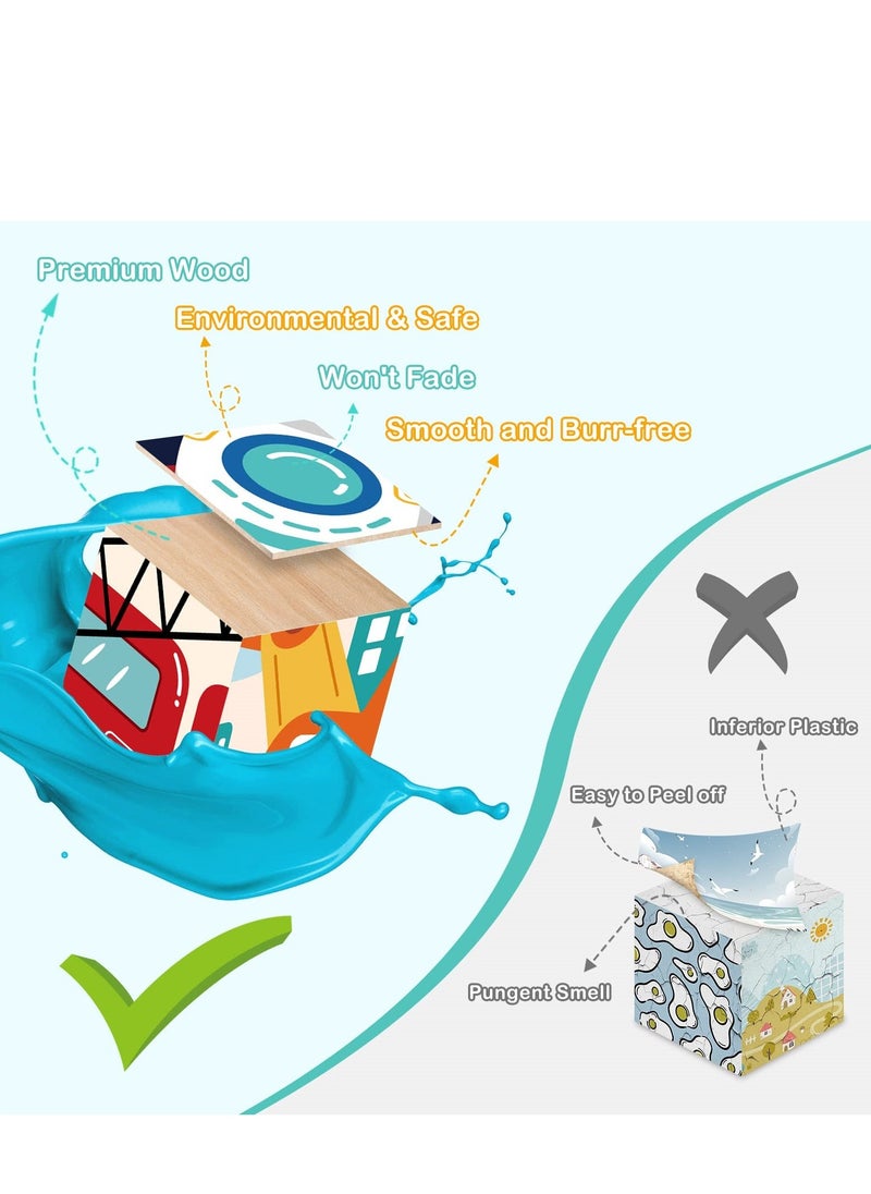 Small Wooden Block Puzzle Toddler 3+ Years Kid Montessori Learning Games Educational Interactive Toys, Preschoolers Cube Puzzle with Storage Tray - Animal + Transportation(2 PCS) - Image 5