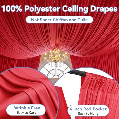 NSSONBEN 20ft×20ft Red Ceiling Drapes for Weddings Parties,4 Panels 5×20 ft Long Ceiling Curtain for Tent Canopy,Wrinkle Free Silk Easy to Draping&Hang Red Drapes for Event Church Stage Photo Bedroom - Image 2