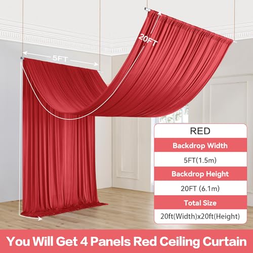 NSSONBEN 20ft×20ft Red Ceiling Drapes for Weddings Parties,4 Panels 5×20 ft Long Ceiling Curtain for Tent Canopy,Wrinkle Free Silk Easy to Draping&Hang Red Drapes for Event Church Stage Photo Bedroom - Image 4