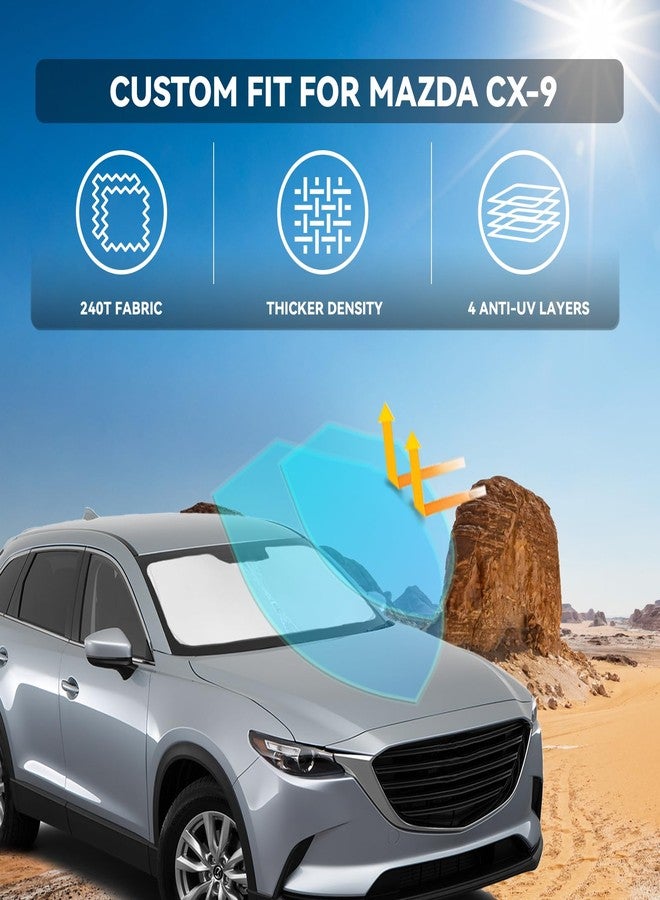 ZOIBV for Mazda CX-9 2016-2025 Windshield Sun Shade - 4 Layers Car Sunshades for Front Windows Shade Cover Custom Fit CX-9 Sun Visor 240T Retractable Shade Blocks UV Rays Car Accessories - Image 3