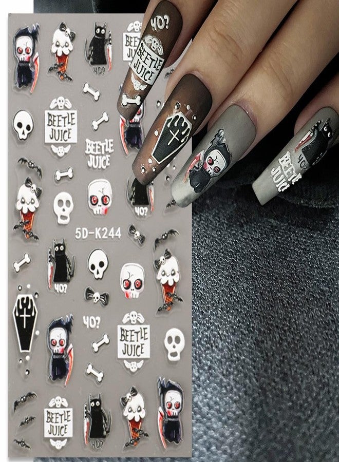 Halloween Skulls & Bones Nail Decals - 5D Embossed Self-Adhesive Stickers for Nails - Cat Skulls & Ghosts Designs - Women's Nail Art Decorations - Image 2