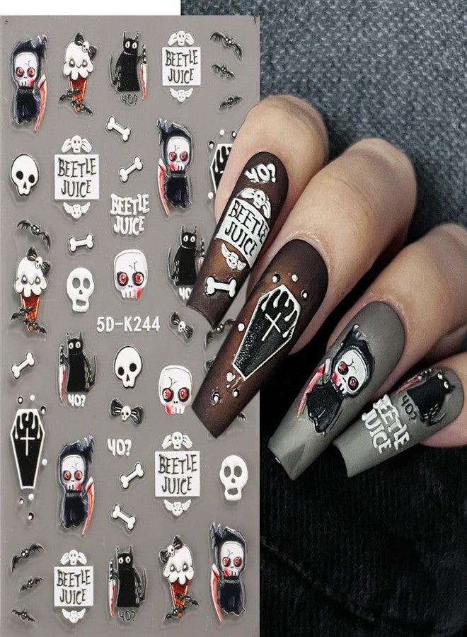 Halloween Skulls & Bones Nail Decals - 5D Embossed Self-Adhesive Stickers for Nails - Cat Skulls & Ghosts Designs - Women's Nail Art Decorations - Image 1