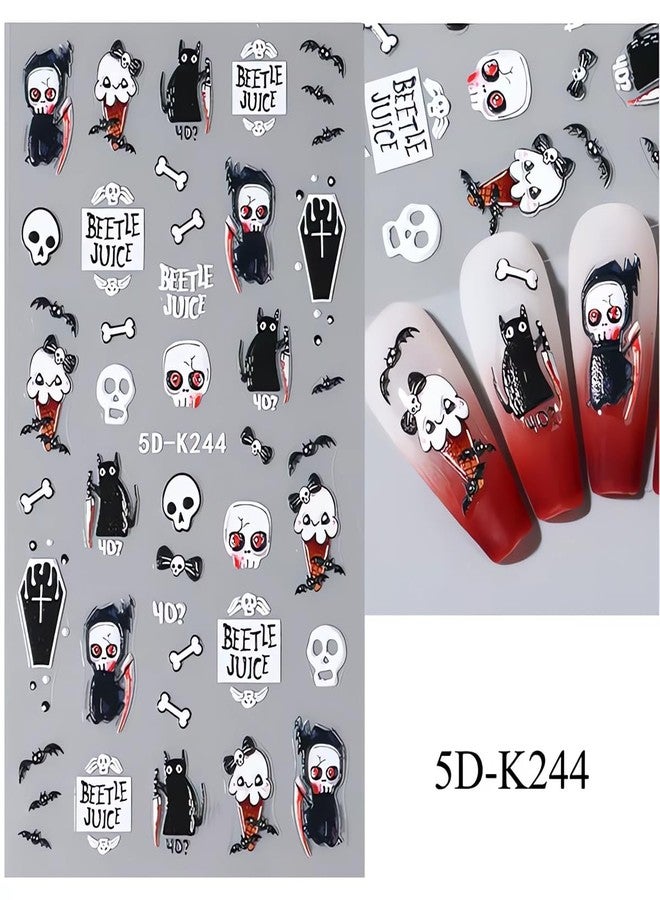 Halloween Skulls & Bones Nail Decals - 5D Embossed Self-Adhesive Stickers for Nails - Cat Skulls & Ghosts Designs - Women's Nail Art Decorations - Image 3