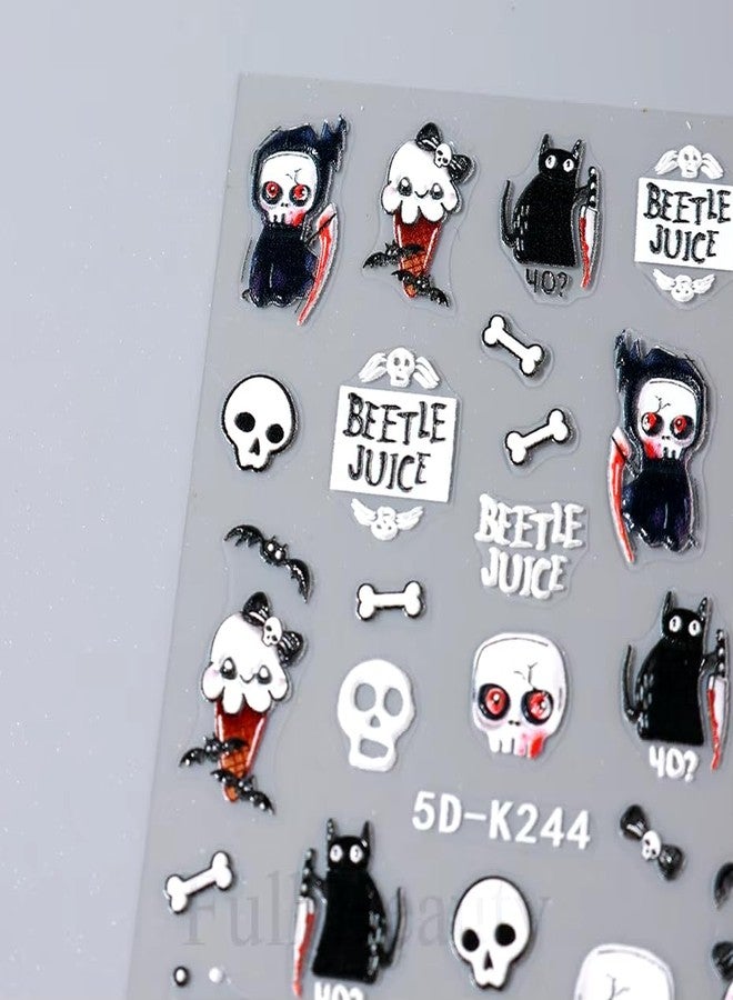 Halloween Skulls & Bones Nail Decals - 5D Embossed Self-Adhesive Stickers for Nails - Cat Skulls & Ghosts Designs - Women's Nail Art Decorations - Image 5