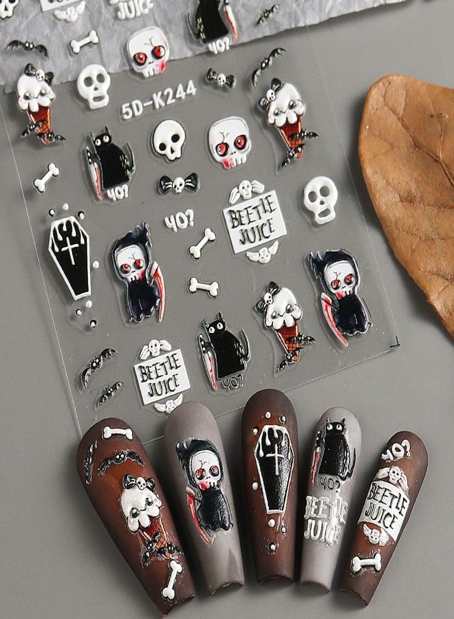 Halloween Skulls & Bones Nail Decals - 5D Embossed Self-Adhesive Stickers for Nails - Cat Skulls & Ghosts Designs - Women's Nail Art Decorations - Image 4