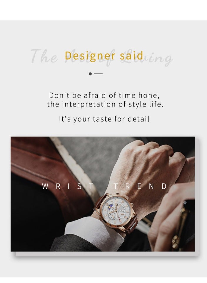 لييج ساعة رجالية أنيقة ورائعة، مقاومة للماء، ساعة كوارتز بتقويم، حزام جلدي كاجوال، مينا أبيض ذهبي وردي - Image 3