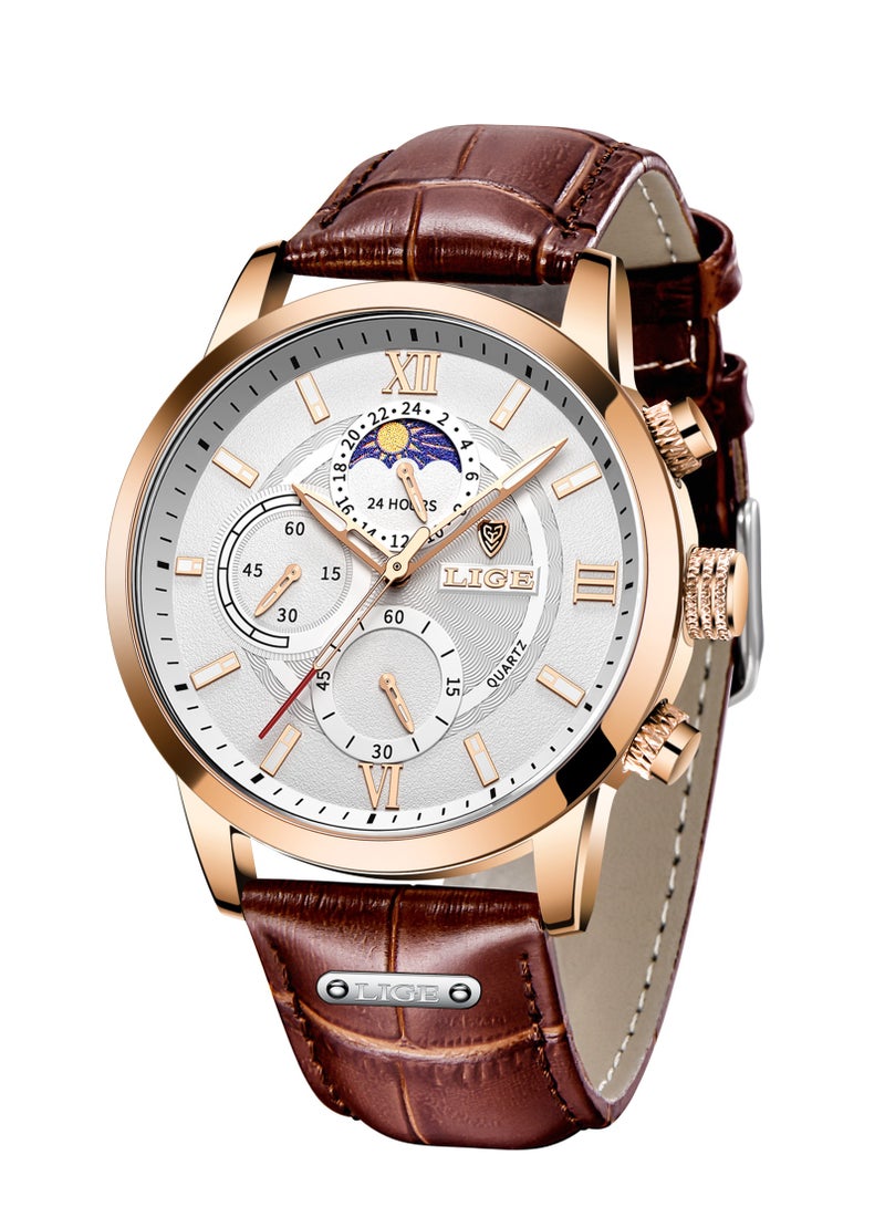 لييج ساعة رجالية أنيقة ورائعة، مقاومة للماء، ساعة كوارتز بتقويم، حزام جلدي كاجوال، مينا أبيض ذهبي وردي - Image 1