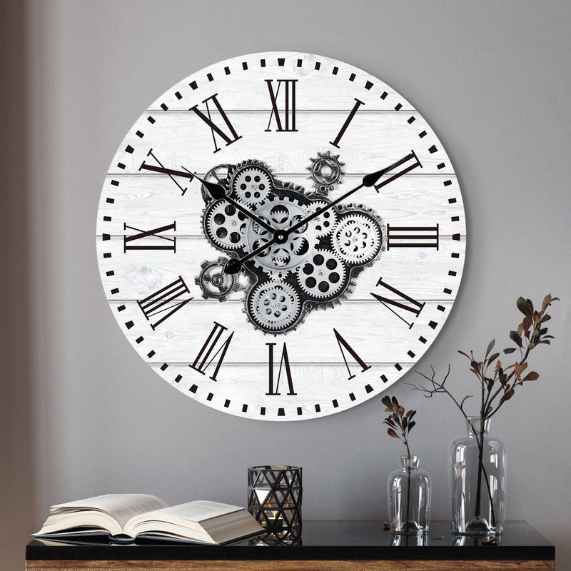Lafocuse 23 Inch White Large Real Moving Gears Wall Clock for Living Room Decor Antique Farmhouse Wall Clocks Battery Operated Reloj de Pared Decorative Steampunk Gear Clock for Office Kitchen