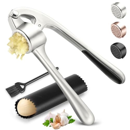 SRISE Kitchen Garlic Press, Rust Proof & Dishwasher Safe Garlic Mincer, Durable Garlic Crusher Set with Peeler＆Brush, Easy to Clean and Squeeze, Matte - Image 1