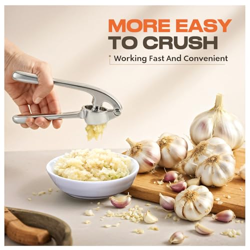 SRISE Kitchen Garlic Press, Rust Proof & Dishwasher Safe Garlic Mincer, Durable Garlic Crusher Set with Peeler＆Brush, Easy to Clean and Squeeze, Matte - Image 4