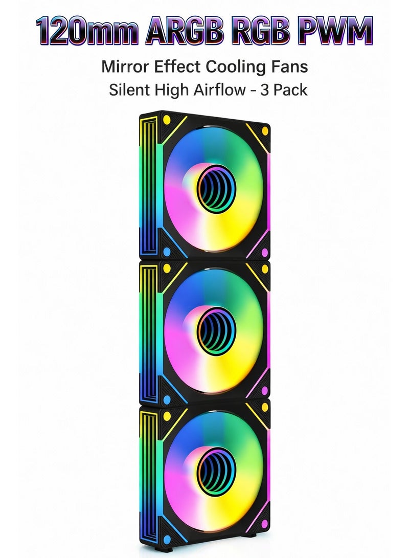 باور مجموعة من 3 مراوح تبريد لجهاز الكمبيوتر مقاس 120 مم بتقنية ARGB RGB PWM - مراوح هادئة بتأثير المرآة وتدفق هواء عالي مع إضاءة متسلسلة لأجهزة الكمبيوتر المخصصة للألعاب وأجهزة الكمبيوتر المكتبية. - Image 1