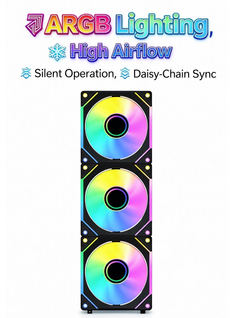 باور مجموعة من 3 مراوح تبريد لجهاز الكمبيوتر مقاس 120 مم بتقنية ARGB RGB PWM - مراوح هادئة بتأثير المرآة وتدفق هواء عالي مع إضاءة متسلسلة لأجهزة الكمبيوتر المخصصة للألعاب وأجهزة الكمبيوتر المكتبية. - Image 2