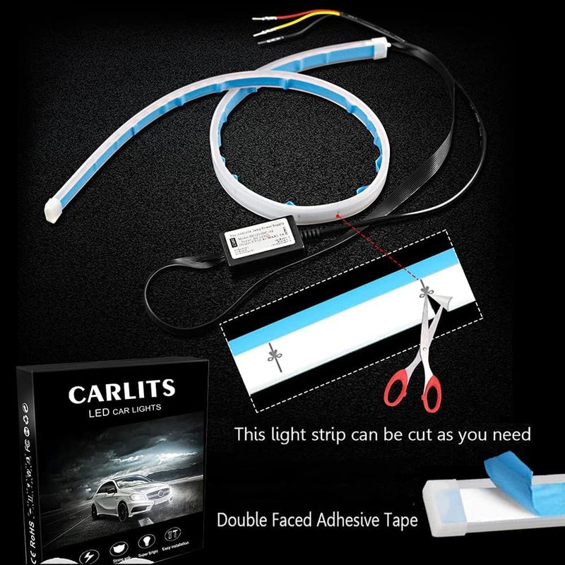 CARLITS Car LED Strip Lights, 2 Pcs 24 Inch Flexible Headlight Strips DRL Light Tube, Dual Color White and Amber Daytime Running Lights Waterproof Neon Turn Signal Bulb Sequential Switchback - Image 2
