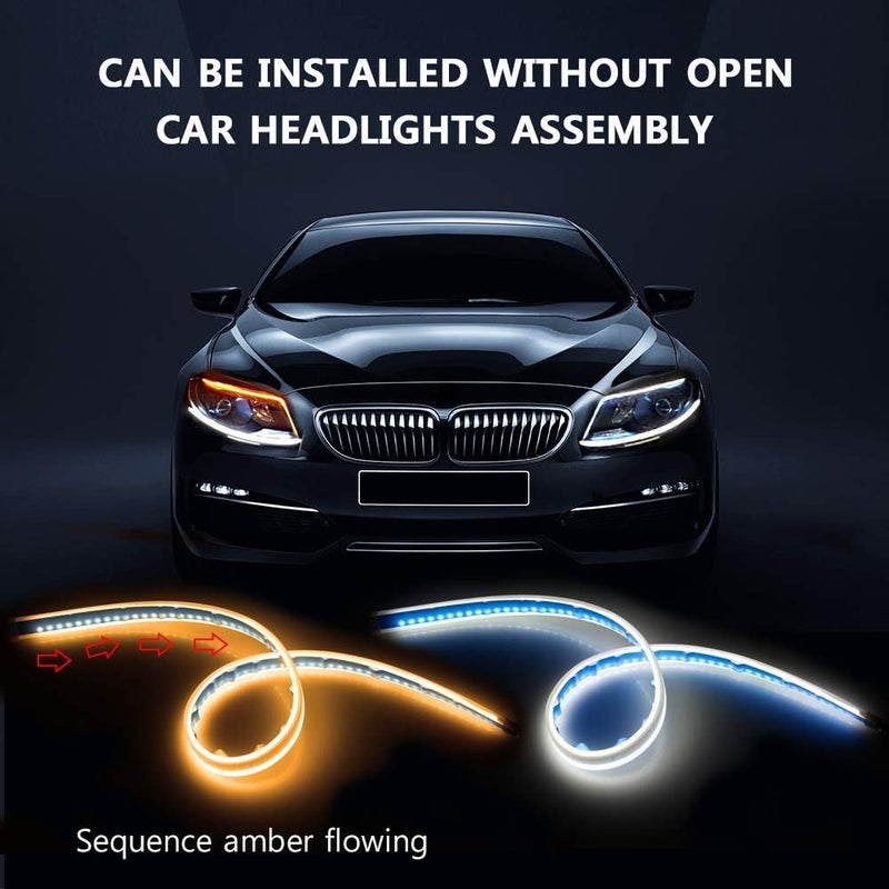 CARLITS Car LED Strip Lights, 2 Pcs 24 Inch Flexible Headlight Strips DRL Light Tube, Dual Color White and Amber Daytime Running Lights Waterproof Neon Turn Signal Bulb Sequential Switchback - Image 3