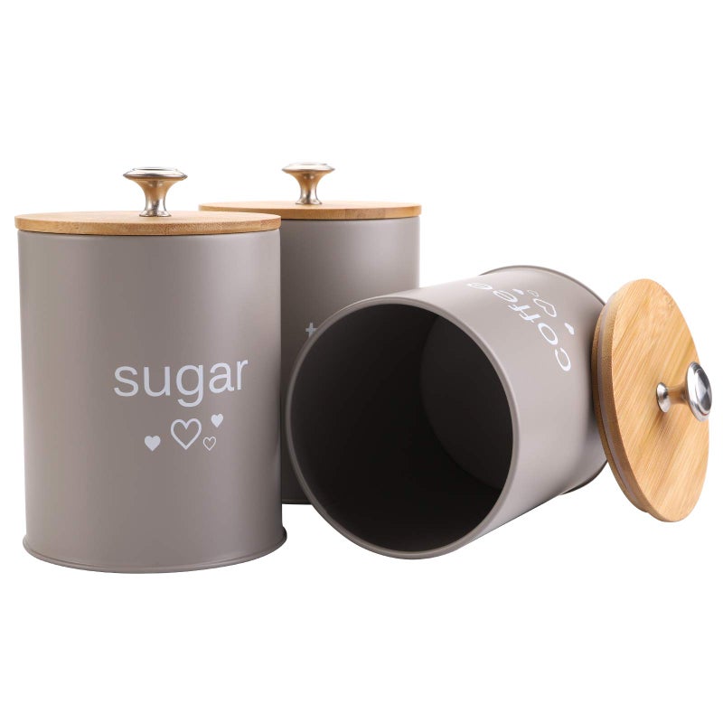 Fasmov Set of 3 Kitchen Canister Set, Coffee, Sugar, and Tea Storage Container Jars with Bamboo Lids for storing Sugar, Coffee and Tea, Gray - Image 2