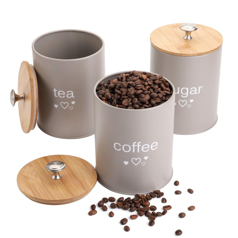 Fasmov Set of 3 Kitchen Canister Set, Coffee, Sugar, and Tea Storage Container Jars with Bamboo Lids for storing Sugar, Coffee and Tea, Gray - Image 5