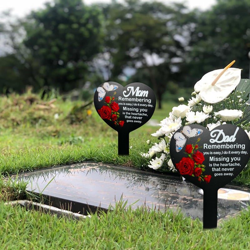 OZIO Heart Memorial Plaque Stake Sympathy Grave Markers Metal Grave Stake Decoration for Mom Dad Cemetery Outdoors Yard Garden (Mom-Butterfly) - Image 2
