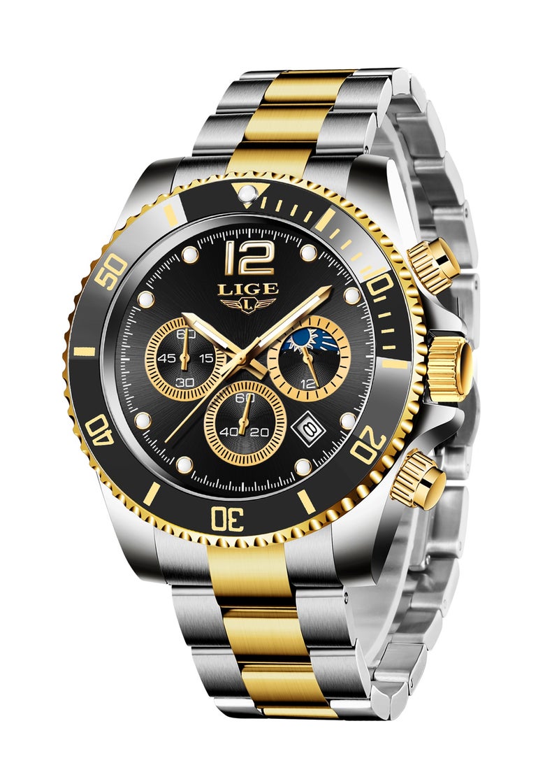 لييج ساعة يد رجالية كلاسيكية كوارتز فاخرة مقاومة للماء كرونوغراف بمينا ذهبية وسوداء وسوار من الفولاذ المقاوم للصدأ - Image 1