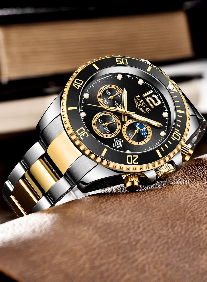 لييج ساعة يد رجالية كلاسيكية كوارتز فاخرة مقاومة للماء كرونوغراف بمينا ذهبية وسوداء وسوار من الفولاذ المقاوم للصدأ - Image 2