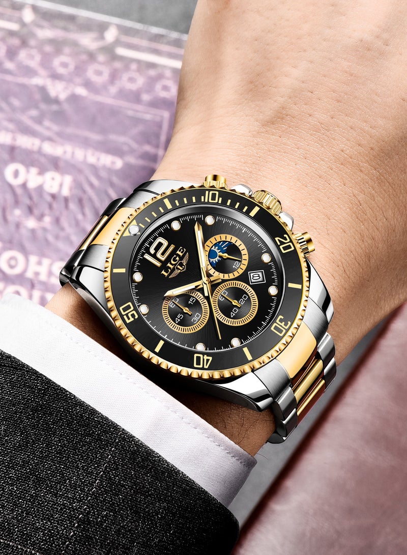 لييج ساعة يد رجالية كلاسيكية كوارتز فاخرة مقاومة للماء كرونوغراف بمينا ذهبية وسوداء وسوار من الفولاذ المقاوم للصدأ - Image 3