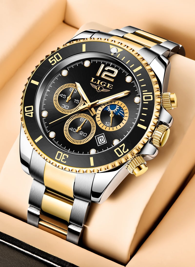 لييج ساعة يد رجالية كلاسيكية كوارتز فاخرة مقاومة للماء كرونوغراف بمينا ذهبية وسوداء وسوار من الفولاذ المقاوم للصدأ - Image 4