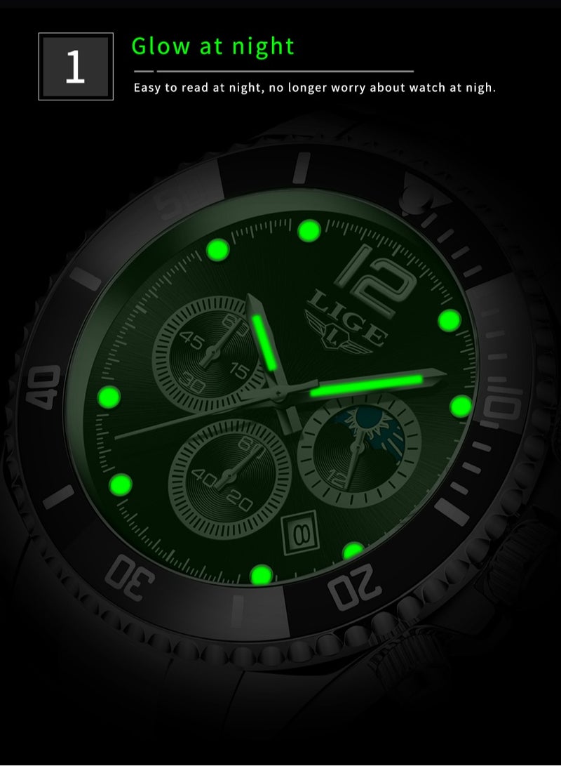 لييج ساعة يد رجالية كلاسيكية كوارتز فاخرة مقاومة للماء كرونوغراف بمينا ذهبية وسوداء وسوار من الفولاذ المقاوم للصدأ - Image 5