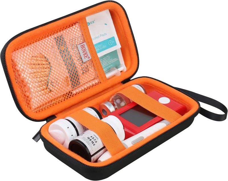 حقيبة سفر لوازم مرضى السكري من بوفكي، حقيبة تخزين لحقيبة اختبار السكري، أجهزة قياس مستوى السكر في الدم، شرائط الاختبار، الأدوية، الإبر، الحقن وغيرها من لوازم مرضى السكري، سوداء