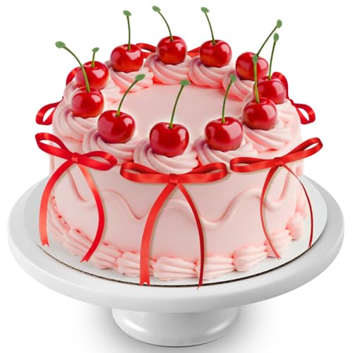 Chunful زينة كعكة الكرز الحمراء من تشونفول 24 قطعة مع bows حمراء زينة كعكة الكرز الاصطناعية للفواكه لتزيين الحلويات لحفلات عيد الميلاد والزفاف وحفلات الزفاف وحفلات استقبال المواليد وحفلات الذكرى - Image 1