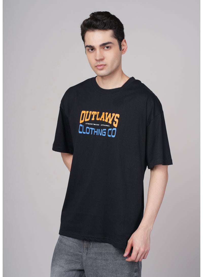 OUTLAWS Men's Black Graphic Printed Oversized T-shirt - Image 1