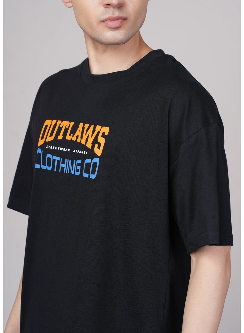 OUTLAWS Men's Black Graphic Printed Oversized T-shirt - Image 3