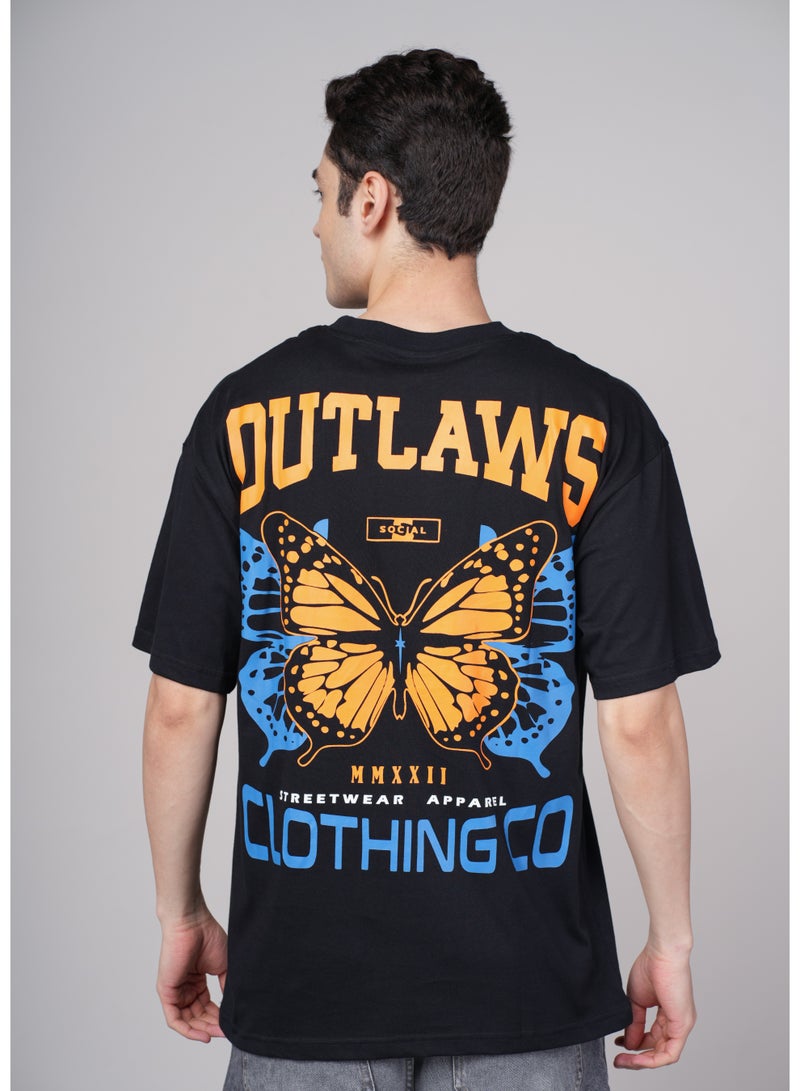 OUTLAWS Men's Black Graphic Printed Oversized T-shirt - Image 4