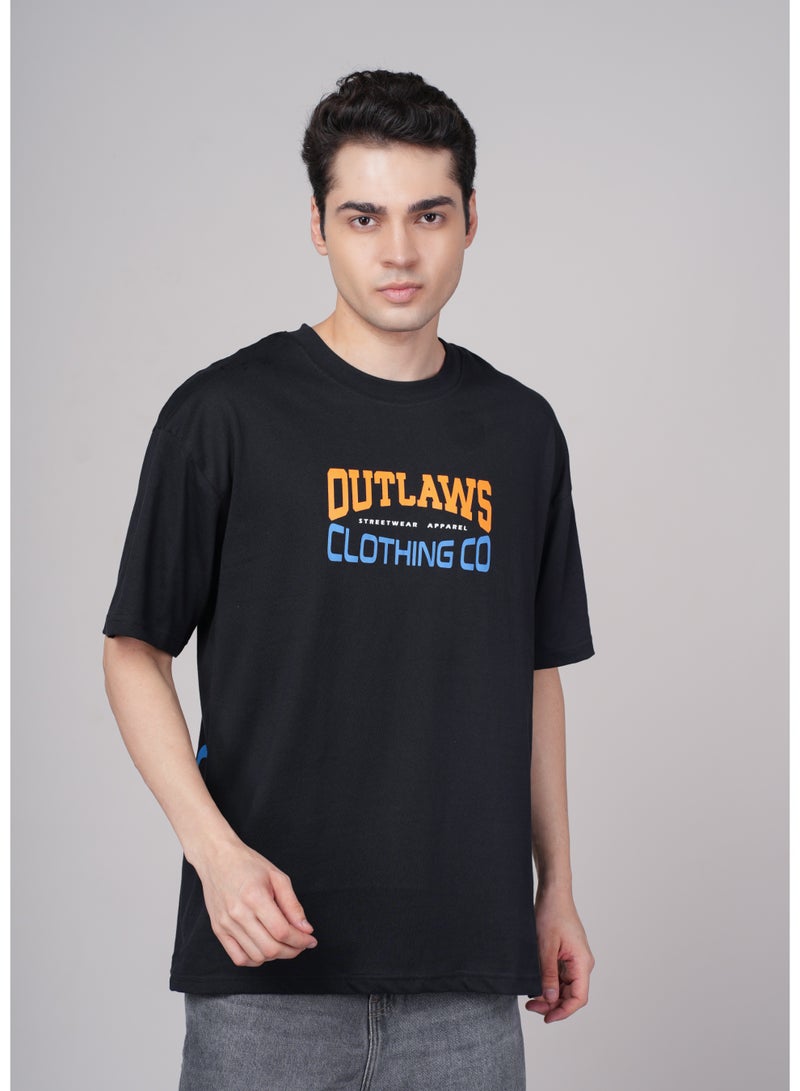 OUTLAWS Men's Black Graphic Printed Oversized T-shirt - Image 5